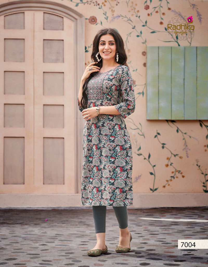 Pahel Vol 7 By Radhika Straight Cut Rayon Printed Kurti Wholesale Market In Surat
